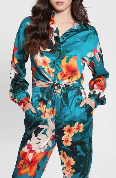 Guess Jun Satin Tie Hem Button-up Shirt In Hawaian Susnet Print