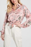 Guess Jun Satin Tie Hem Button-up Shirt In Eucalyptus Floral Print