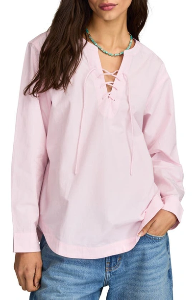 Lucky Brand Cotton Lace-up Long-sleeve Boyfriend Shirt In Pink Stripe