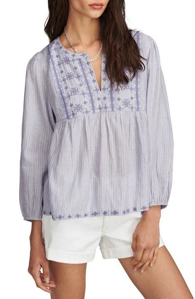 Lucky Brand Embroidered Peasant Top In Blue Stripe