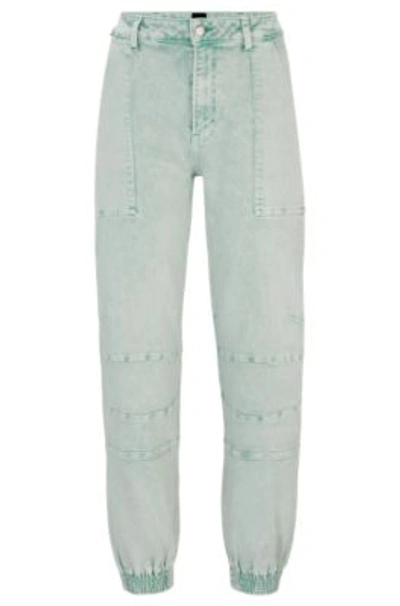 Hugo Boss Cuffed Relaxed-fit Cargo Jeans In Rigid Denim In Light Green