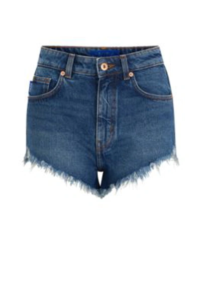 Hugo Regular-fit Shorts In Blue Frayed Denim