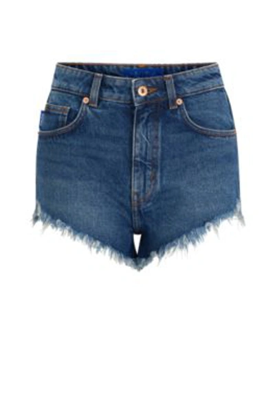 Hugo Boss Regular-fit Shorts In Blue Frayed Denim