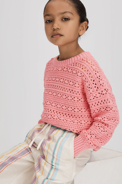 Reiss Kids' Isobel - Pink Senior Crochet Crew Neck Jumper, Uk 12-13 Yrs