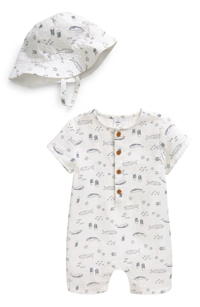 Nordstrom Print Cotton Henley Romper & Hat Set In White- Navy Sea Friends
