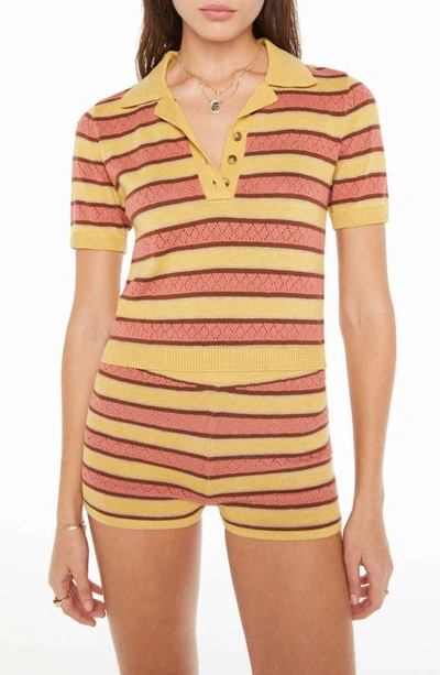 Mother The Hot Under The Collar Stripe Pointelle Polo Sweater In Yellow