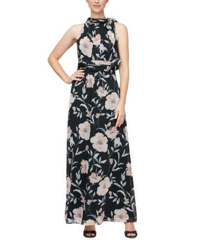 Sl Fashions Petite Floral-print Halter Dress In Black Multi