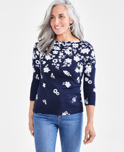 Style & Co Petite Raining Flower Pima Cotton Top, Created For Macy's In Raining Industrial Blue
