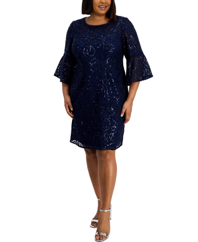 Alex Evenings Plus Size Sequined Lace Sheath Dress In Navy