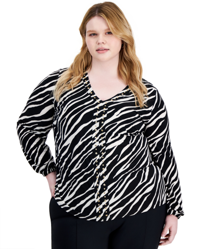 Inc International Concepts Plus Size Animal-print Studded Top, Created For Macy's In Heather Zebra