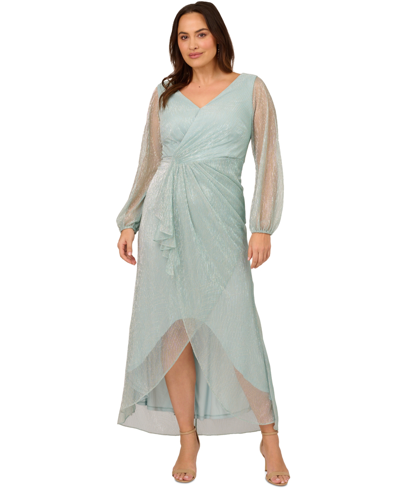 Adrianna Papell Metallic Ruffle Mesh Long Sleeve Gown In Mint Smoke