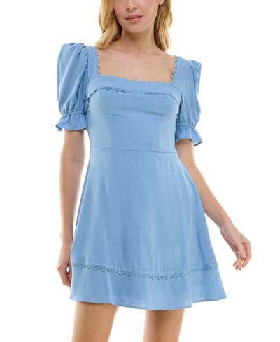 B Darlin Juniors' Puff-sleeve Lace-trim Mini Dress In Chambray