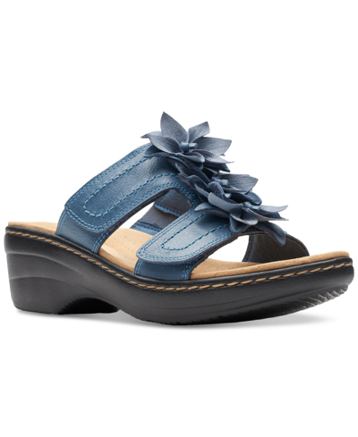Clarks Merliah Raelyn Flower-detail Wedge Heel Platform Sandals In Blue Leather