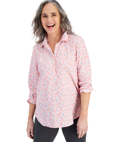 Style & Co Petite Printed Popover Shirt, Created For Macy's In Ditsy Coral