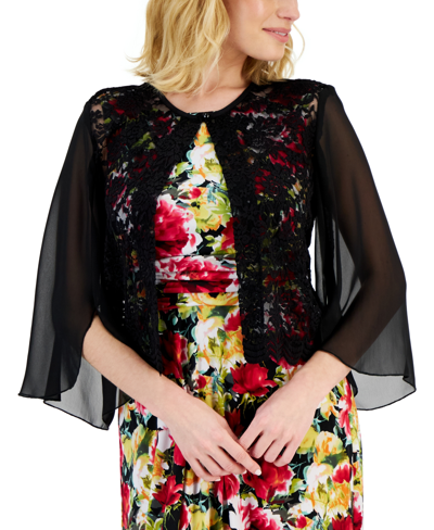 Connected Petite Lace Trim Chiffon Shrug In Blk