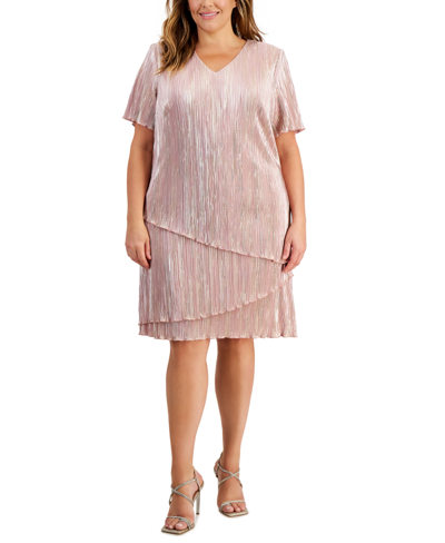 Connected Plus Size V-neck Asymmetric Tiered Sheath Dress In Dusty Rose
