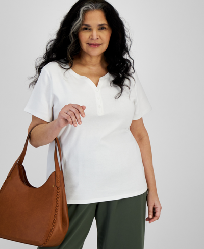 Style & Co Women's Short-sleeve Cotton Henley Top, Created For Macy's In Bright White