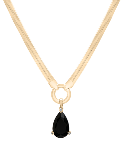 Macy's Onyx & Diamond Accent Pear-shaped Herringbone 18" Pendant Necklace In 14k Gold-plated Sterling Silve