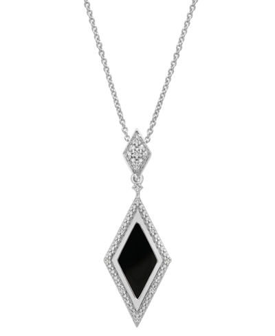 Macy's Onyx & Diamond (1/20 Ct. T.w.) Geometric Framed Pendant Necklace In Sterling Silver, 16" + 2" Extend