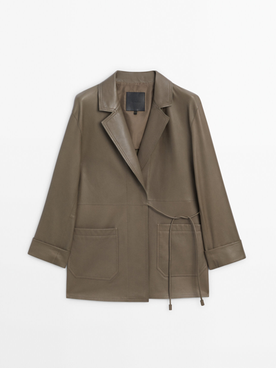 Massimo Dutti Nappa Leather Blazer With Drawstrings In Green