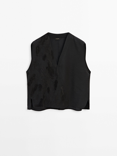 Massimo Dutti V-neck Top With Embroidered Detail In Black