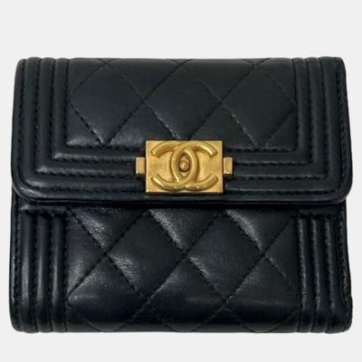 Pre-owned Chanel Black Leather Cc Boy Flap Wallet