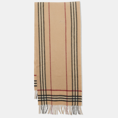 Pre-owned Burberry Beige Checked Cashmere And Wool Fringed Muffler