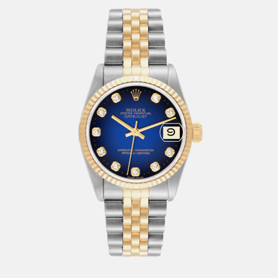 Pre-owned Rolex Datejust Midsize Steel Yellow Gold Blue Vignette Diamond Dial Ladies Watch 68273