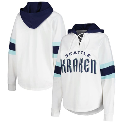 G-iii 4her By Carl Banks Women's White/deep Sea Blue Seattle Kraken Goal Zone Long Sleeve Lace-up Hoodie T-shirt In White,deep Sea Blue