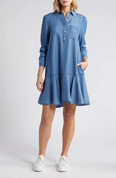 Caslon Flounce Hem Long Sleeve Chambray Shirtdress In Medium Wash