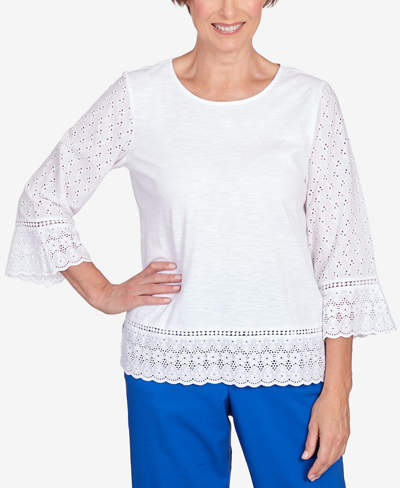 Alfred Dunner Plus Size Tradewinds Eyelet Trim Flutter Sleeve Top With Necklace In White