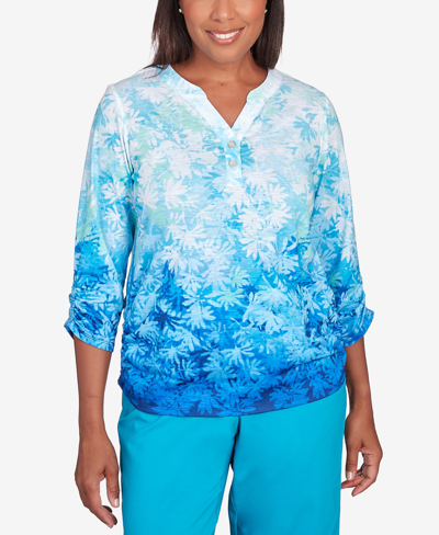Alfred Dunner Plus Size Tradewinds Ombre Leaves Buttoned Split Neck Top In Multi
