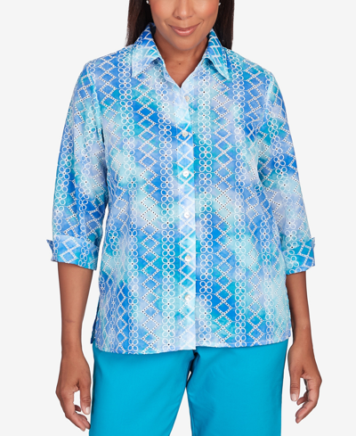 Alfred Dunner Plus Size Tradewinds Eyelet Tie Dye Button Down Top In Multi