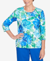 ALFRED DUNNER WOMEN'S TRADEWINDS WATERCOLOR FLOWER PLEATED NECK TOP