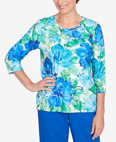Alfred Dunner Petite Tradewinds Watercolor Flower Pleated Neck Top In Multi