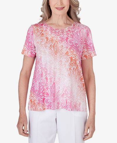 Alfred Dunner Petite Paradise Island Ombre Medallion Lace Neckline Top In Peony