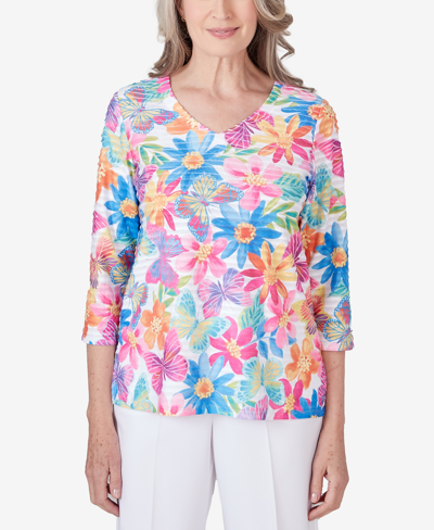 Alfred Dunner Petite Paradise Island Floral Butterfly Pleated Ruffle Top In Multi