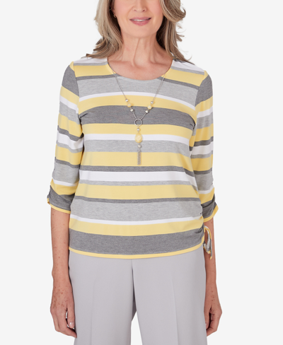 Alfred Dunner Petite Charleston Striped Ruched Side Necklace Top In Multi