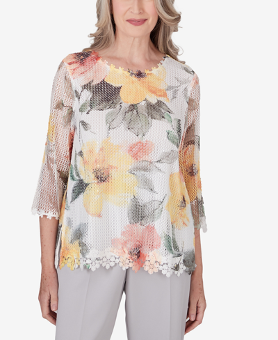 Alfred Dunner Petite Charleston Watercolor Floral Mesh Top In Multi