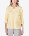 ALFRED DUNNER WOMEN'S CHARLESTON THREE QUARTER SLEEVE EMBROIDERED FLORAL DETAILS TOP