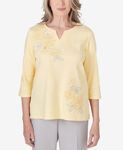 Alfred Dunner Women's Charleston Three Quarter Sleeve Embroidered Floral Details Top In Yellow