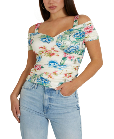 Guess Women's Emily Sweetheart-neck Cold-shoulder Top In Hanoi Cream White Floral Print