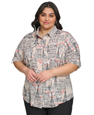 Karl Lagerfeld Plus Size Whimsical Woven Shirt In Dune Pink Multi