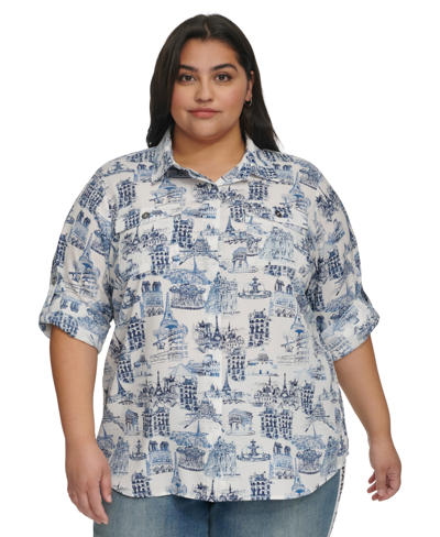 Karl Lagerfeld Plus Size Whimsical Woven Shirt In White,marine Multi