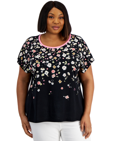 Tommy Hilfiger Plus Size Ditsy Doodle Printed Crewneck Top In Black Multi