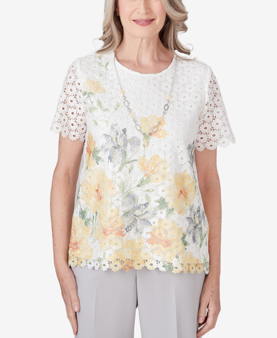 Alfred Dunner Women's Charleston Short Sleeve Floral Lace Detachable Necklace Top In Multi