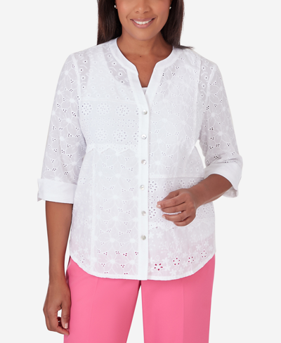 Alfred Dunner Plus Size Paradise Island Button Front Eyelet Top In White