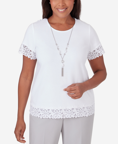 Alfred Dunner Petite Charleston Border Lace Necklace T-shirt In White