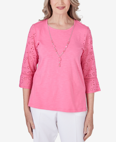 Alfred Dunner Petite Paradise Island Eyelet Trim Necklace Top In Peony