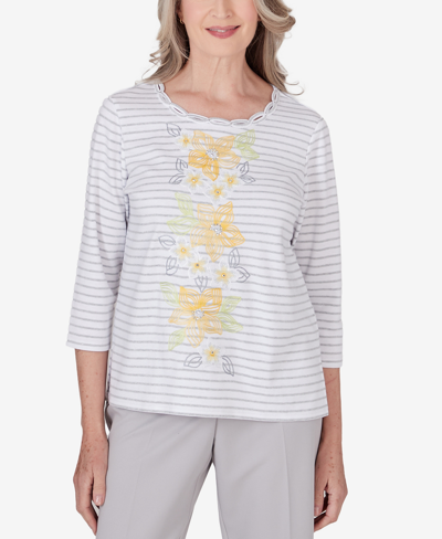 Alfred Dunner Petite Charleston Striped Floral Embroidered Top In Pearl